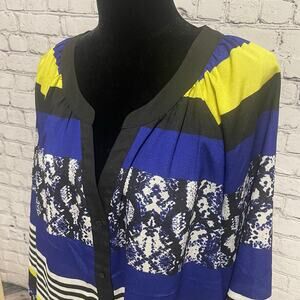 Calvin Klein colorblock blouse size XL blue black white yellow longsleeve